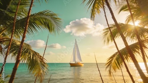 A sailboat with white sails glides across calm turquoise waters framed by swaying palm fronds, with bright sun and fluffy clouds overhead, capturing the essence of tropical adventure and leisure.