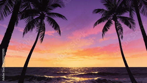 Stylized illustration of palm tree silhouettes against a vibrant gradient sunset sky with pink and orange hues over shimmering ocean waves, perfect for poster and print designs.