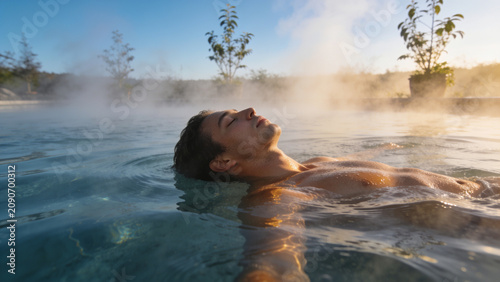 A man floating on his back in a steaming geothermal pool under a clear blue sky, embodying natural hot spring therapy and outdoor wellness adventure tourism.