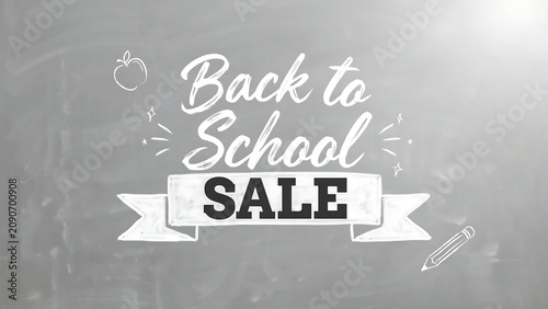 Chalkboard illustration featuring back to school text with apple and pencil drawings monochrome style drawing education learning backtoschool sale promotion