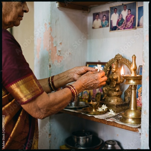 Elderly Woman Offering Flowers at Home Shrine