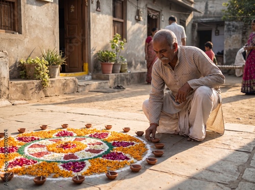 Man Arranging Clay Diyas Around Colorful Rangoli
