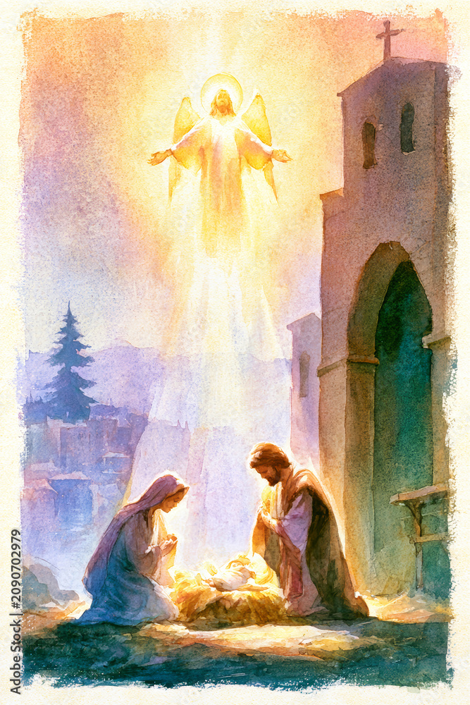 Obraz premium Mary and Joseph kneel beside the newborn Jesus in a stable. An angel is above them, shining light. This scene happens during the night in a quiet town