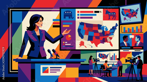 Woman presenting election results with maps, charts, and news team