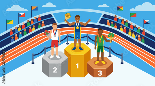 Athletes on Podium Celebrating Victory with Medals and Flowers at Sports Stadium