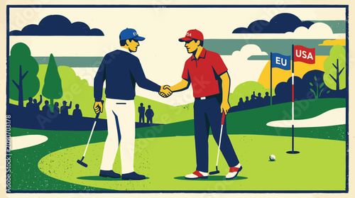 Tableau sur toile Golfers shake hands on green, USA vs EU, symbolizing sportsmanship and internati