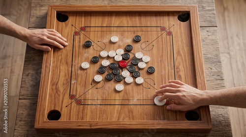 Traditional Carrom Board Game with Players, Striker and Wooden Board During Gameplay