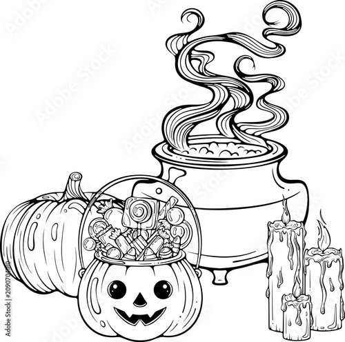 Halloween composition with cauldron, pumpkin, candles and Jack o lantern candy basket. For decor, coloring page, print. Vector illustration in hand drawn sketch style. Line art isolated on white