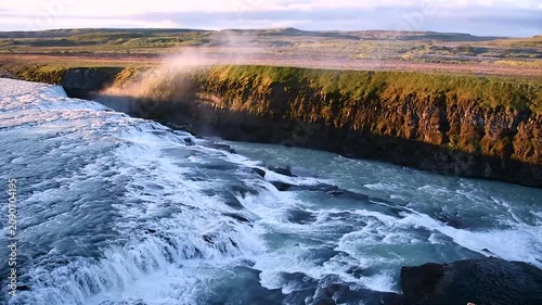 Magical charming bright colorful  landscape with a famous Gullfoss waterfall in the sunrise in Iceland