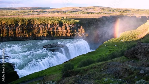 Magical charming bright colorful  landscape with a famous Gullfoss waterfall in the sunrise in Iceland