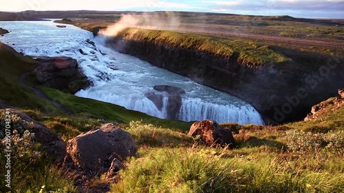 Magical charming bright colorful  landscape with a famous Gullfoss waterfall in the sunrise in Iceland.