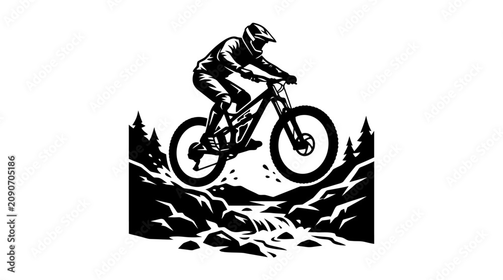 Obraz premium Black and white illustration of a mountain biker performing a jump.