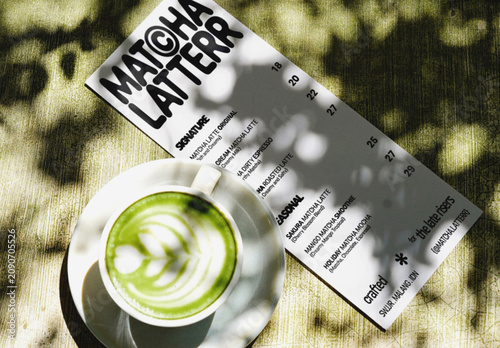 Minimal Menu Mockup at Cafe Scene and Product Matcha Cup