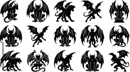 Cuadro en lienzo Collection of 12 unique black silhouette gargoyle designs