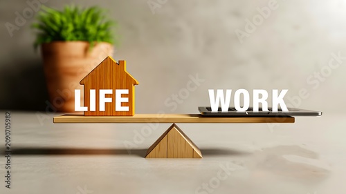 Work life balance concept with home and office on balanced scale