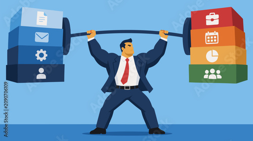 Muscular businessman hoists an oversized barbell stacked with office task blocks, symbolizing workload pressure, productivity challenges, leadership strength, and corporate multitasking success