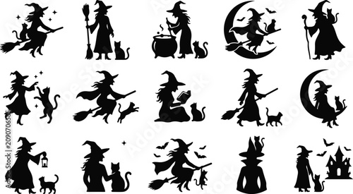 Fotografie Collection of witch silhouettes with cats broomsticks and halloween elements