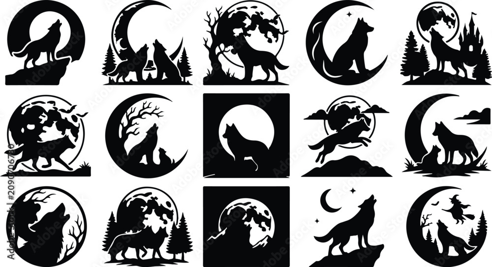 Obraz premium Wolf silhouette collection with moon and forest elements vector graphics