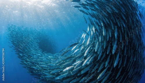 A large school of fish swims in a spiral formation underwater against a blue ocean backdrop.
