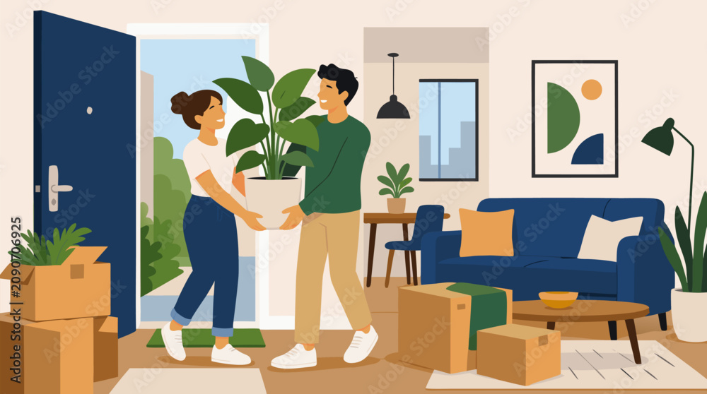 Fototapeta premium Happy young couple carrying a lush potted plant into their bright new apartment, cozy living room with moving boxes, open door, sofa and modern decor, cheerful relocation vector illustration