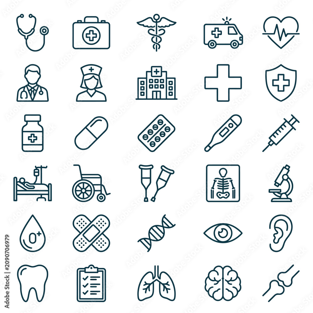 Fototapeta premium A medical and healthcare line icons collection with simple symbols