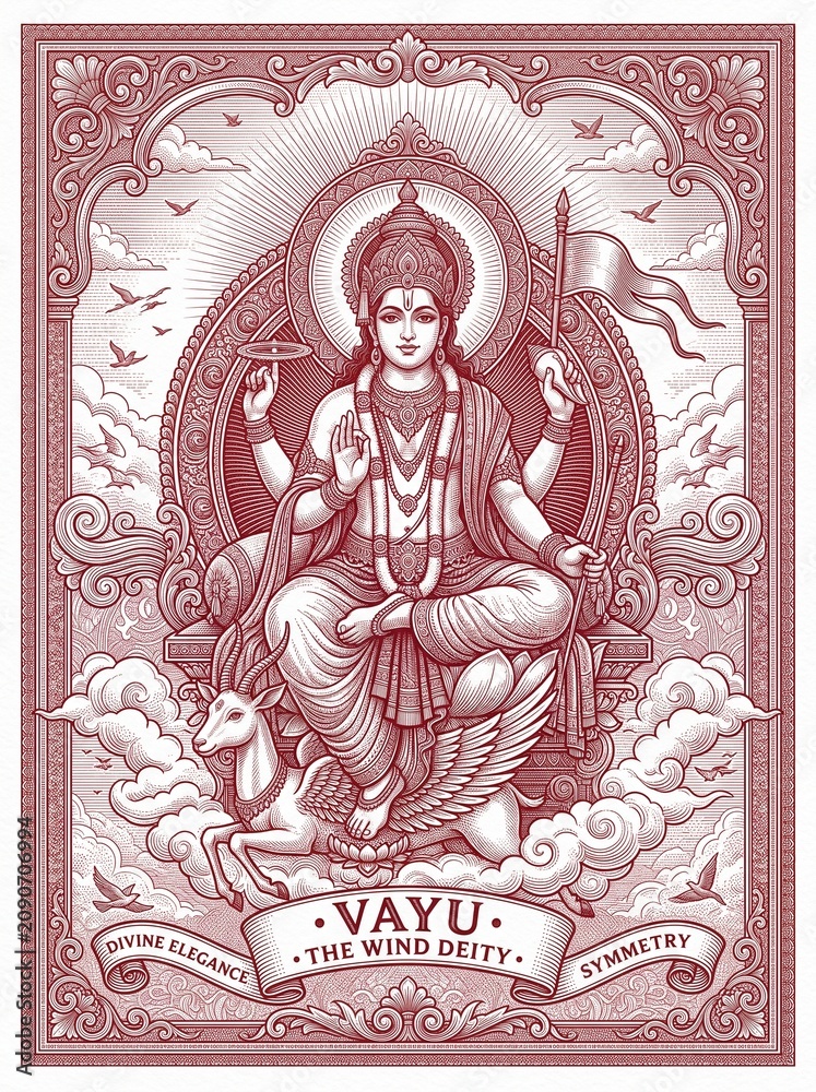 Fototapeta premium Vayu, the Wind Deity: An intricate, red-toned illustration depicts Vayu, the Hindu wind deity, seated cross-legged on a mythical creature, surrounded by clouds and birds.