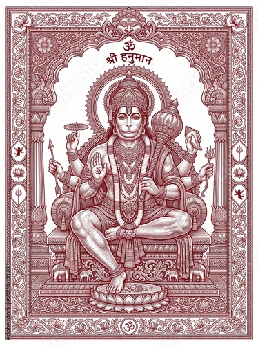 Lord Hanuman Enthroned: A divine depiction of Lord Hanuman, seated majestically on a grand throne, surrounded by intricate ornamentation and celestial symbols.