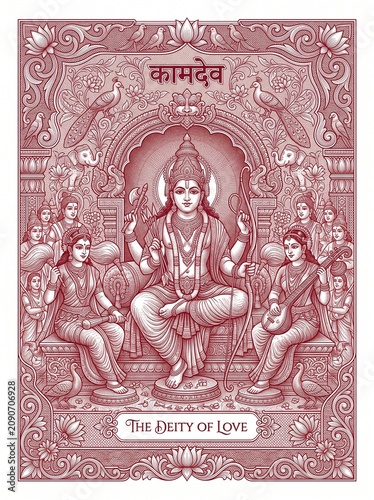 Kamadeva, God of Love, Enthroned: An ornate, monochrome illustration depicts Kamadeva, the Hindu deity of love, seated majestically on his throne, surrounded by celestial beings and decorative motifs.