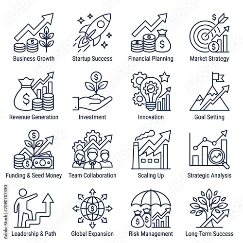 Line icons representing business growth startup success and financial strategies