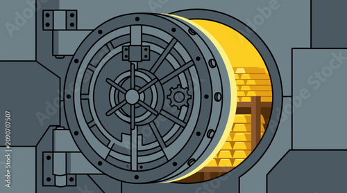 Massive steel bank vault door slowly opening to reveal glowing stacks of gold bars, secure finance illustration with heavy hinges, circular locks and treasure room atmosphere concept