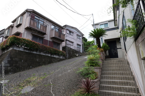 A peaceful residential street in Japan lined with modern detached family homes, clean sidewalks, narrow roads, utility poles, and neatly maintained gardens. Typical suburban neighborhood with