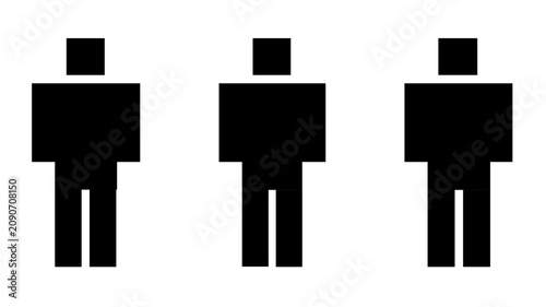 Minimalist vector icon of three blocky pixelated figures standing together, simple black geometric shapes on white background, clean scalable graphic design element for people in retro digital style.