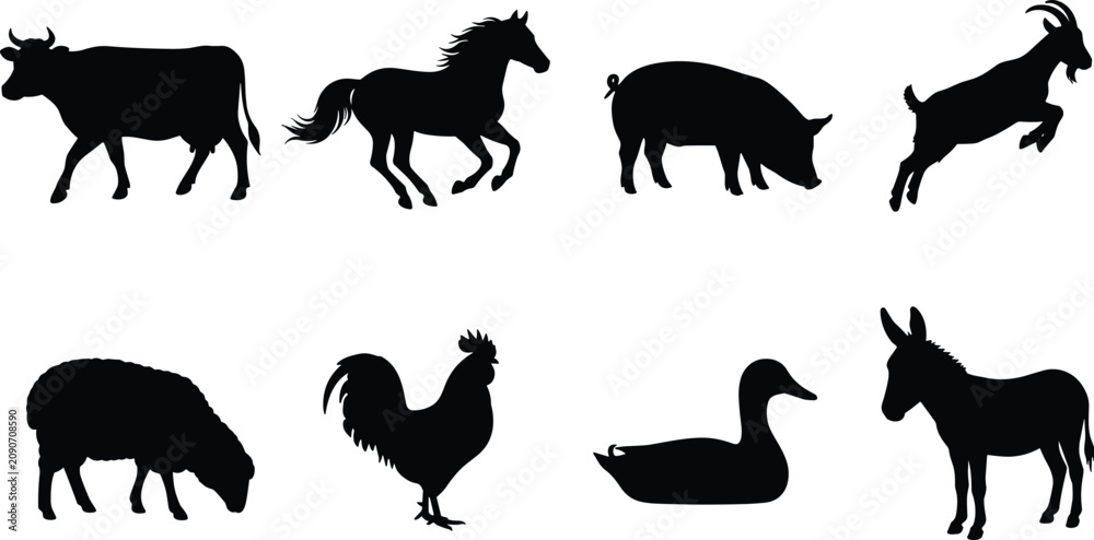 Fototapeta premium Eight Black Farm Animal Silhouettes Collection on White Background for Vector Design