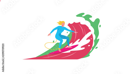 Surfer girl riding pink surfboard on large ocean wave