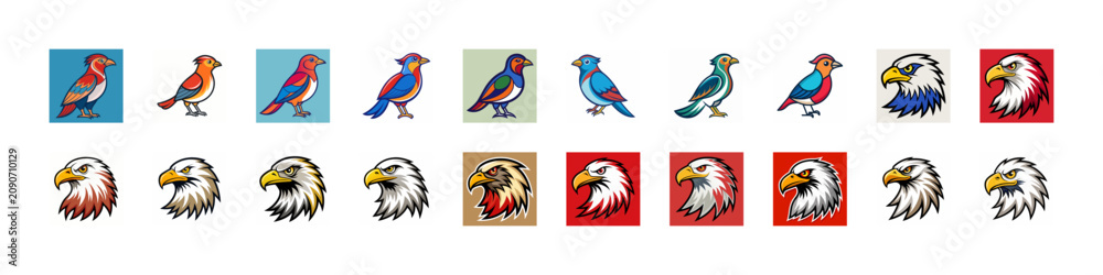 Fototapeta premium Colorful flat icons set of birds in flight - A vibrant collection of flat-style bird icons flying or perched, featuring diverse colors and playful designs for digital use.