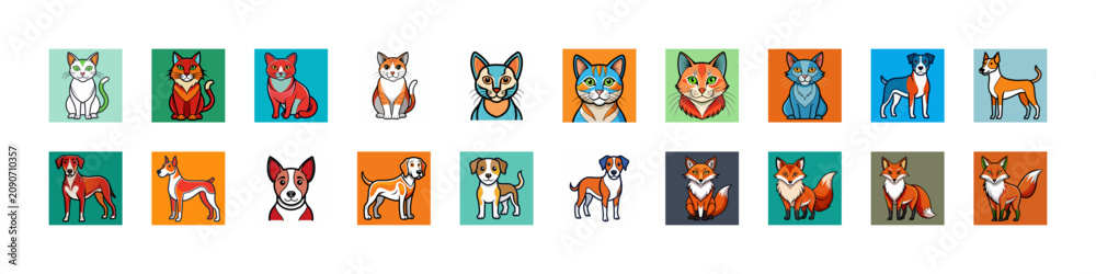 Fototapeta premium Colorful flat icons set of animals and objects - Bright and playful collection of flat-style icons featuring animals, objects, and activities in vibrant colors for various uses.