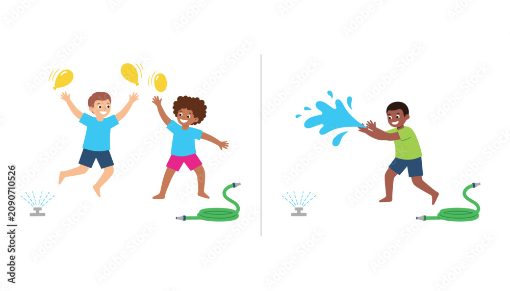 Fototapeta premium Kids playing with water balloons and hose sprinkler on hot summer day