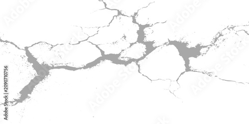 A close-up grunge of cracked dry ground with deep fractures spreading across a white surface, symbolizing drought, damage, and environmental stress, minimalist high-detail texture. crack wall texture.