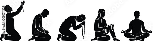Foto Silhouette sequence of figures in prayer and meditation poses with beads symboli