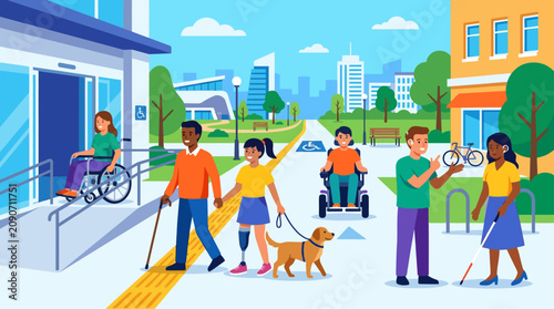 Diverse people with disabilities enjoying an accessible urban park and city life