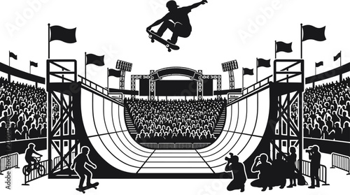 Tableau sur toile Skateboarder performs aerial trick at extreme sports stadium event with spectato