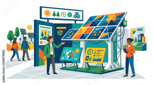 Sustainable energy exhibition with solar panels, people learning about eco-friendly technology