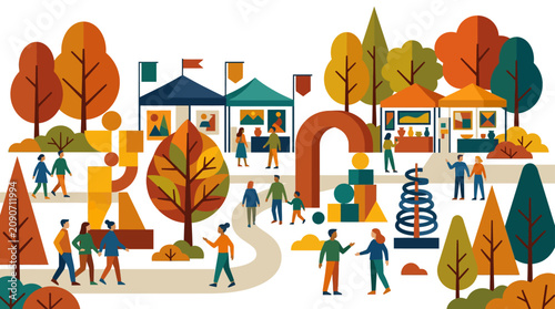 Autumn Outdoor Art Fair with People and Stalls in a Park