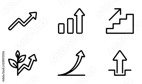 Schilderij op canvas Growth Icons Set: Upward Arrows, Stairs, Bar Chart, Plant, Curve, Vector Graphic