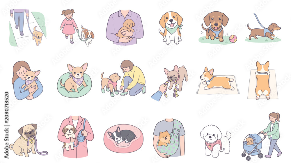 Fototapeta premium Hand-drawn illustration collection of happy dogs and their owners in daily lifestyle activities with cute canine interactions