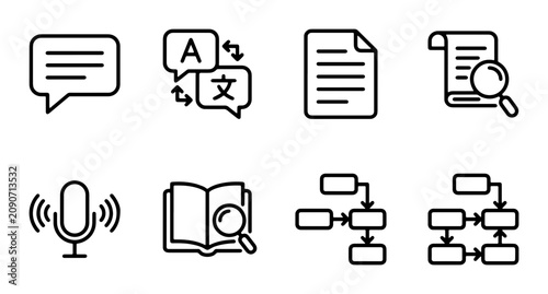 Photos Set of 8 Translation and Document Icons, Vector Graphics for Language and Resear