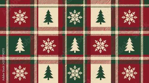 Cozy traditional tartan plaid pattern in rich cranberry, forest green, and warm cream with alternating snowflakes and pine tree motifs, perfect for festive winter holiday textiles and seasonal cozy