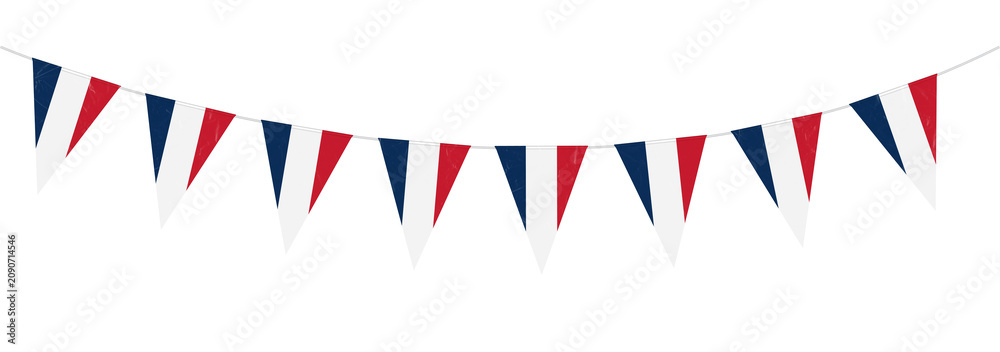Fototapeta premium French Tricolor Flag Bunting Hanging, Blue, white, and red pennant string banner for France national holiday, Bastille Day, or international sports