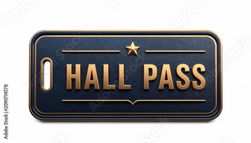 Decorative blue and gold hall pass sign featuring metallic lettering with a small star symbol accent