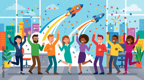 Diverse business team celebrating successful product launch with rockets confetti and cheers in modern office environment showing achievement teamwork success and innovation in corporate workplace